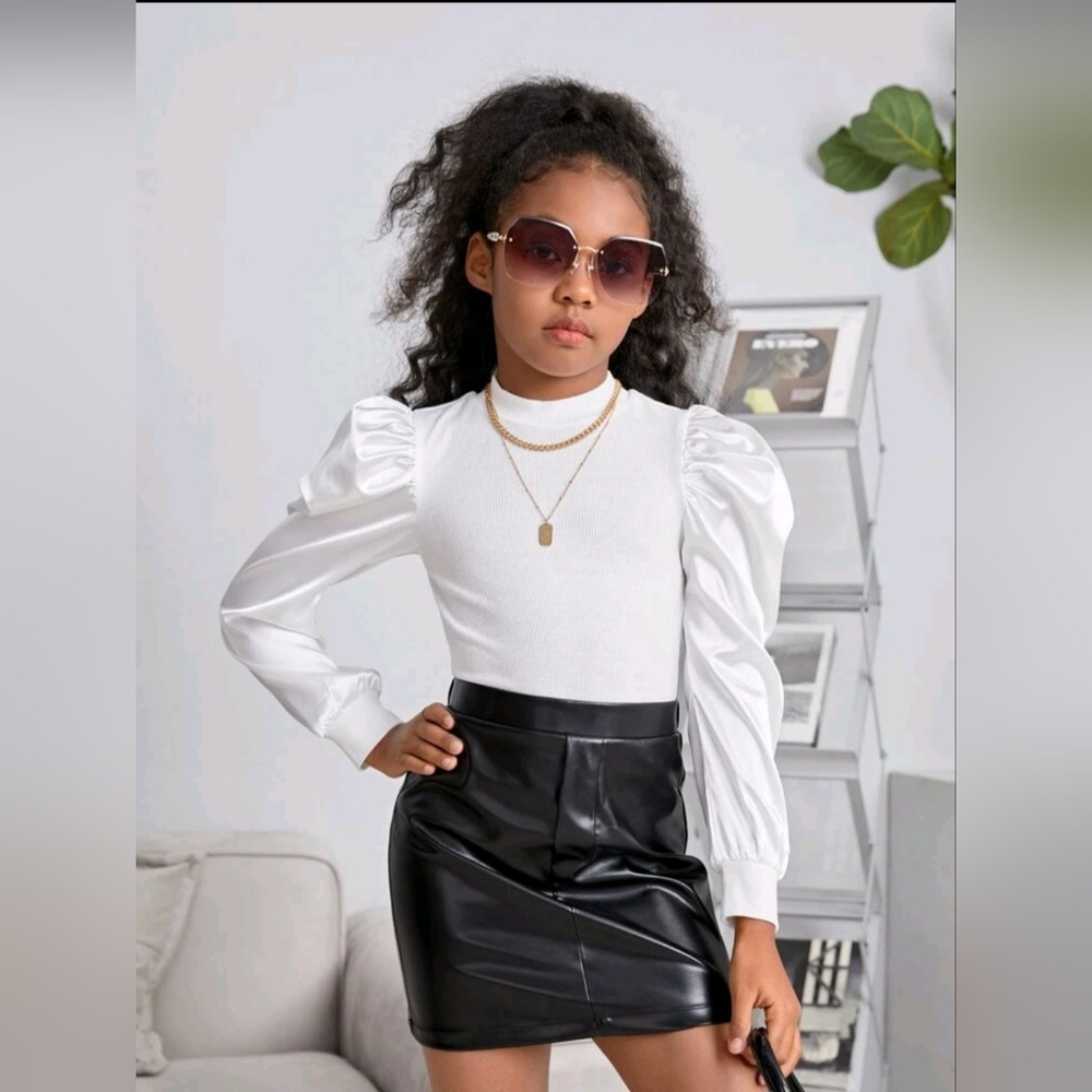 Girls Puff Sleeve Rib Knit Top